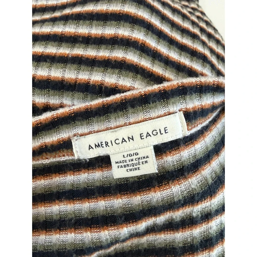 American Eagle Striped Ribbed Henley Dress Womens Large Long Sleeve V-Neck Mini